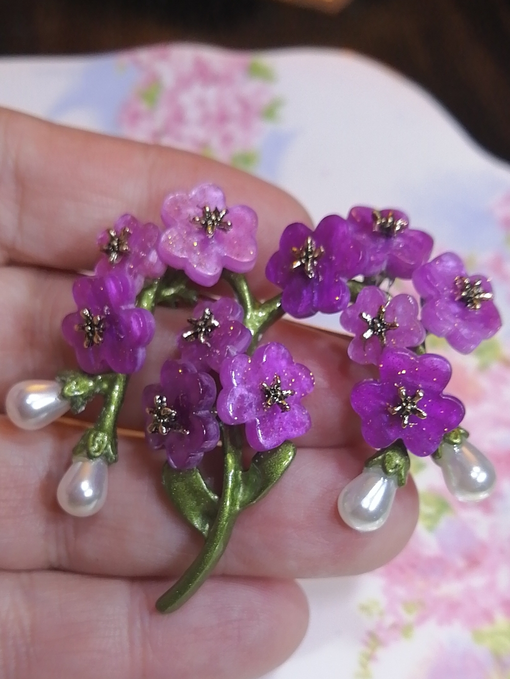 Gorgeous Purple Floral Pearl Drop Brooch